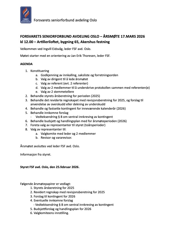 Artikkelbilde til artikkelen Årsmøte FSF Oslo 17 mars 2026 kl1200 på Artilleril